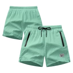 Men's Bubble Grid Swim Trunks Coconut Tree Print Casual Elastic Waist Drawstring Quick Dry Beach Shorts With Zipper Pockets