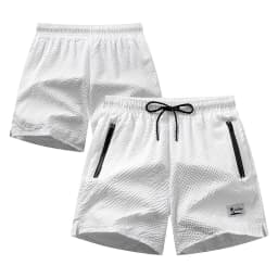 Men's Bubble Grid Swim Trunks Coconut Tree Print Casual Elastic Waist Drawstring Quick Dry Beach Shorts With Zipper Pockets