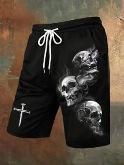 Men's Fashion Skull Man Pattern Digital 3D Printing Men's Casual Drawstring Shorts with Pockets Suitable for Summer Leisure
