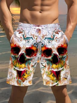 Men's Fashion Skull Man Pattern Digital 3D Printing Men's Casual Drawstring Shorts with Pockets Suitable for Summer Leisure