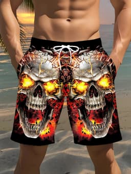 Men's Fashion Skull Man Pattern Digital 3D Printing Men's Casual Drawstring Shorts with Pockets Suitable for Summer Leisure