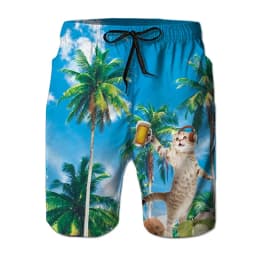 Fun Dinosaur and Cat Pattern Beach Shorts, Men's 3D Printed Animal Surfboard Shorts, Hawaiian Swim Trunks, Summer Shorts