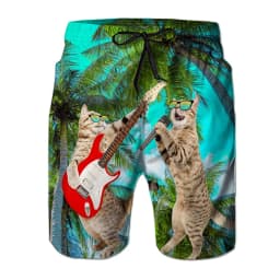 Fun Dinosaur and Cat Pattern Beach Shorts, Men's 3D Printed Animal Surfboard Shorts, Hawaiian Swim Trunks, Summer Shorts