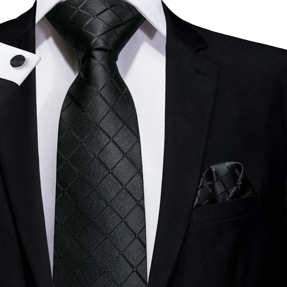 Black Solid Plaid Silk Wedding Tie For Men Handky Cufflink Gift Mens Necktie Fashion Design Business Party Dropshiping Hi-Tie