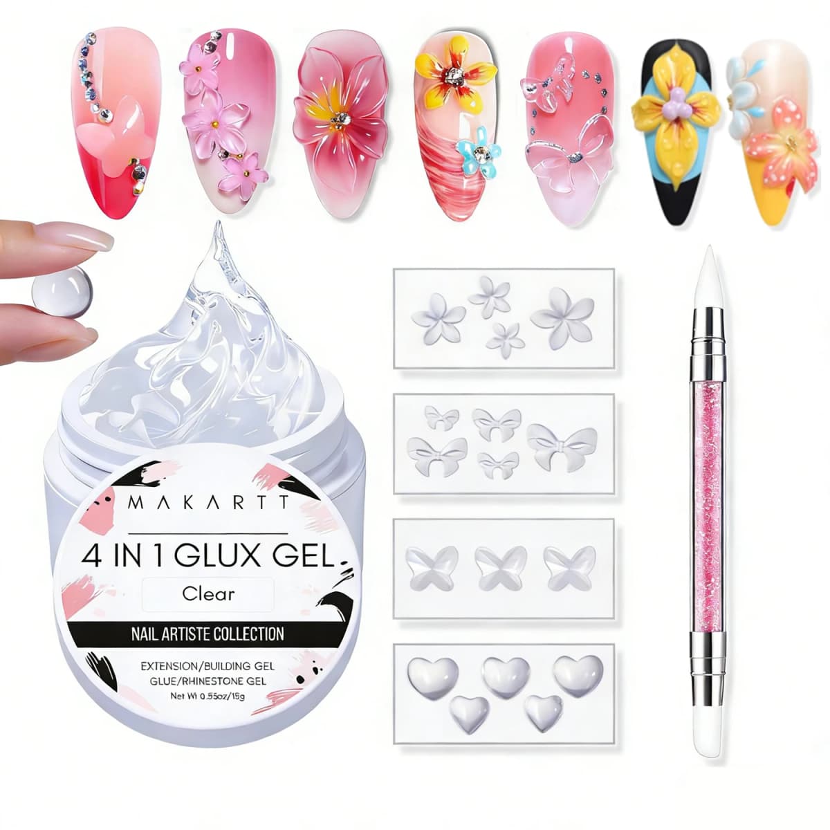 Makartt Solid Gel Builder Kit for 3D Scupting DIY-15ML 4 in 1 Nail Extension Gel, Silicone Molds, Sculpting Brush,UV Gel Glue