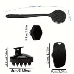 A four-piece bath brush set that can be used for back, face, body and head massage.