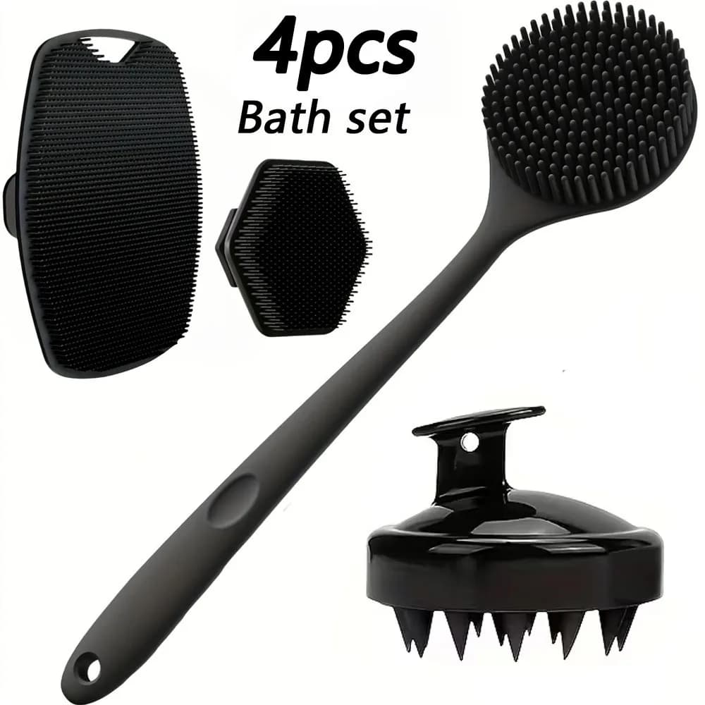A four-piece bath brush set that can be used for back, face, body and head massage.