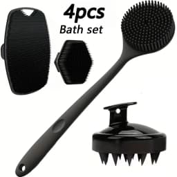 A four-piece bath brush set that can be used for back, face, body and head massage.