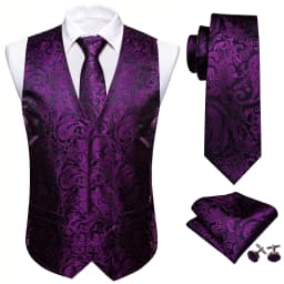 Lilac Purple Violet Lavender Silk Men Vest Tie Hanky Cufflinks Set Woven Waistcoat Sleeveless Jacket Wedding Business Barry.Wang