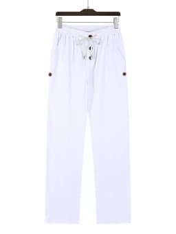 Men's Linen Drawstring Pants Casual Button Detail Elastic Waist Breathable Beach Vacation Daily Wear Straight Leg Trousers for M