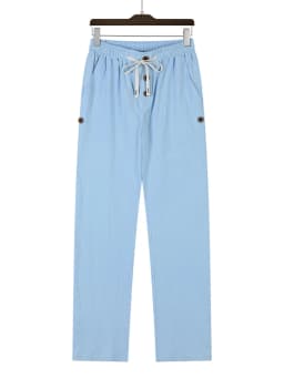 Men's Linen Drawstring Pants Casual Button Detail Elastic Waist Breathable Beach Vacation Daily Wear Straight Leg Trousers for M