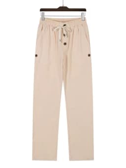 Men's Linen Drawstring Pants Casual Button Detail Elastic Waist Breathable Beach Vacation Daily Wear Straight Leg Trousers for M