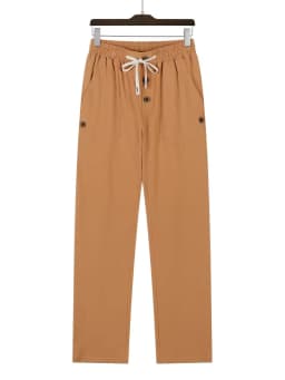 Men's Linen Drawstring Pants Casual Button Detail Elastic Waist Breathable Beach Vacation Daily Wear Straight Leg Trousers for M