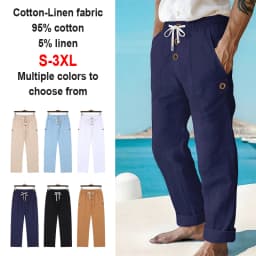 Men's Linen Drawstring Pants Casual Button Detail Elastic Waist Breathable Beach Vacation Daily Wear Straight Leg Trousers for M