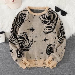 New Trendy Street Style Ripped Abstract Starry Sky Pattern Pullover Sweater Casual Crew Neck Knit Men's Pullover