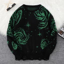 New Trendy Street Style Ripped Abstract Starry Sky Pattern Pullover Sweater Casual Crew Neck Knit Men's Pullover
