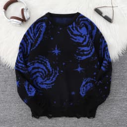 New Trendy Street Style Ripped Abstract Starry Sky Pattern Pullover Sweater Casual Crew Neck Knit Men's Pullover