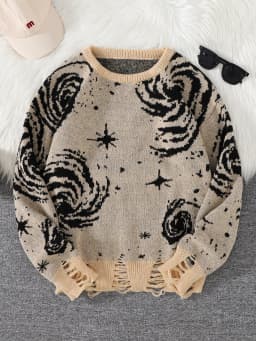 New Trendy Street Style Ripped Abstract Starry Sky Pattern Pullover Sweater Casual Crew Neck Knit Men's Pullover
