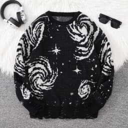 New Trendy Street Style Ripped Abstract Starry Sky Pattern Pullover Sweater Casual Crew Neck Knit Men's Pullover