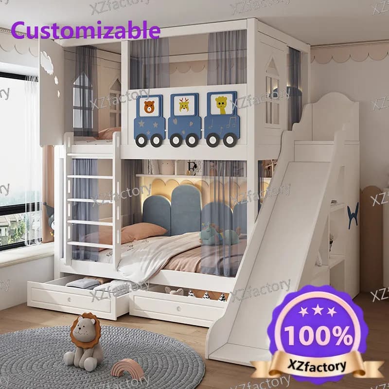 Customizable Kids Bunk Bed with High Guardrail Tree House Style Upper and Lower Bed for Boys and Girls Ideal for Small Apartment