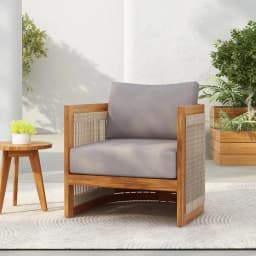Acacia Wood Outdoor Club Chair Woven Rope Accent Comfy Patio Reading Seat with Removable Cushion Beige Teak,Customized