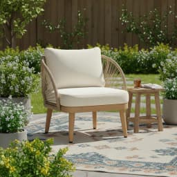Acacia Wood Outdoor Club Chair Woven Rope Accent Comfy Patio Reading Seat with Removable Cushion Beige Teak,Customized