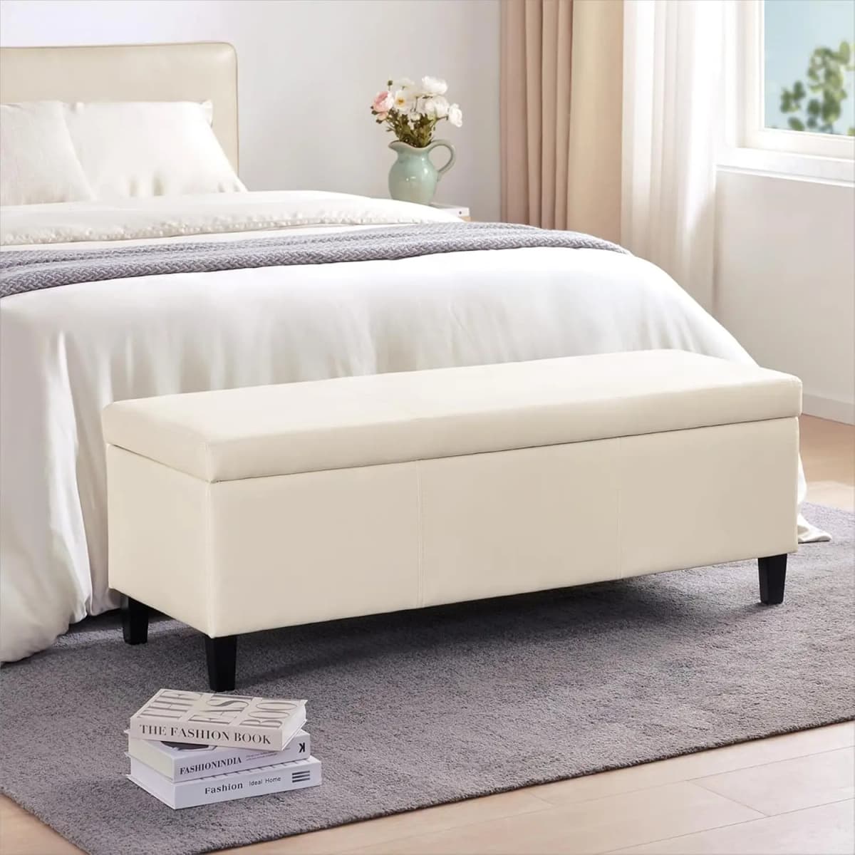 Faux Leather Storage Ottoman Bench 50.3 inch Extra Long Upholstered Bedroom Bench with Large Storage Space, Customized