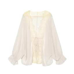 TFMLN Women Lace Patchwork Lantern Long Sleeve Shirt Top Tie-up Loose Sheer Blouse Elegant Irregular High Street Fashion Lady
