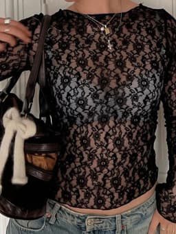 Women's Long Sleeve See through Lace Crop Top Sexy Bodycon T-Shirt Solid Color Party Clubwear for Autumn Winter