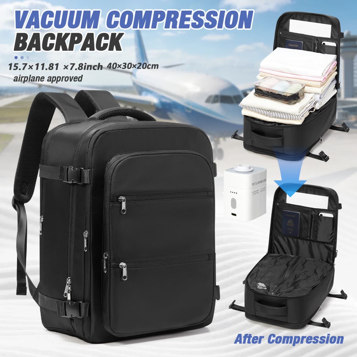 Ryanair 40x30x20 Travel Backpack,Airplane Cabin Backpack For EasyJet Wizzair, Vacuum Compression Backpack Men Laptop Backpack