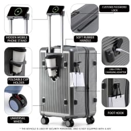 Smart Side-Open Suitcase Expandable Retractable Cup Holder Hook Durable ABS+PC Luggage 20/24/26/28' TSA Lock Travel Trolley
