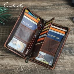 CONTACT'S Genuine Leather Men Passport Cover with Pen Slot Family Passport Travel Wallets ID Card Bag Organizer Document Pouch