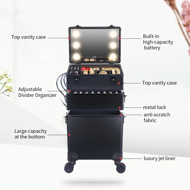Makeup Organizer with led lights mrirror - Large Cosmetic Trolley, Salon & Barber Case Rolling Cart for Hairstylists