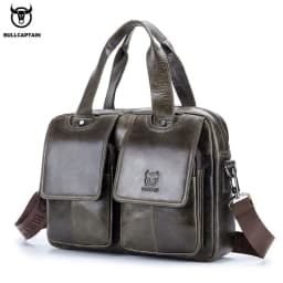 BULLCAPTAIN Men's Real Leather Briefcase 14 Inch Laptop Sleeve ,Casual Shoulder Messenger Bag, Tote, Work, Office, 042