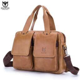 BULLCAPTAIN Men's Real Leather Briefcase 14 Inch Laptop Sleeve ,Casual Shoulder Messenger Bag, Tote, Work, Office, 042