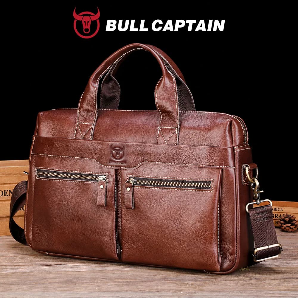 BULLCAPTAIN Briefcase Shoulder Bag Men's Genuine Leather 14 Inch Laptop Handbag Office Business Men's Fashion Simple Briefcase