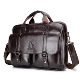 Genuine Leather Men's Briefcase with Double Front Pockets, Large Capacity Computer Bag, Diagonal Cross Handbag
