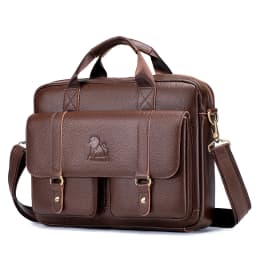 Genuine Leather Men's Briefcase with Double Front Pockets, Large Capacity Computer Bag, Diagonal Cross Handbag