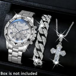 3PCS/Set Luxury Stainless Steel Band Men Business Watches Fashion Male's Quartz Watch Hip-hop Diamond Jewelry Set (Without Box)
