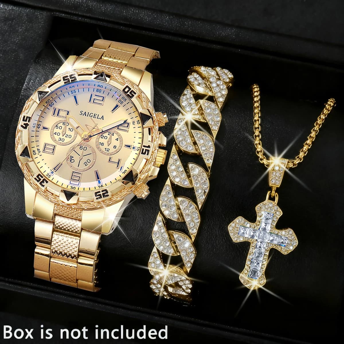 3PCS/Set Luxury Stainless Steel Band Men Business Watches Fashion Male's Quartz Watch Hip-hop Diamond Jewelry Set (Without Box)