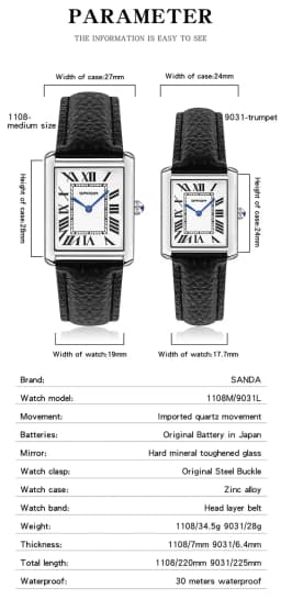 SANDA 9031/1108 Luxury Couple Quartz Watches for Men & Women, Waterproof Sport Casual Watch, Scratch Resistant Leather Strap