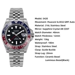 Sugess GMT Diving Watch of Men Automatic Mechanical Waterproof Wristwatches Peacock SL3032 Movement Ceramic Bezel Jubille Band