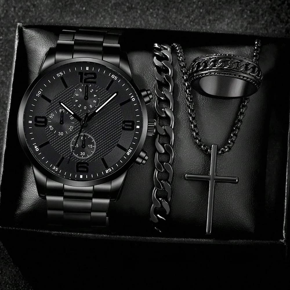 4PCS Business Men's Gift Box Watch Set Fashion Trend Quartz Watch Bracelet Necklace Ring Set Perfect Gift Set for Friends or Dad