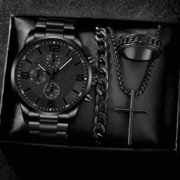 4PCS Business Men's Gift Box Watch Set Fashion Trend Quartz Watch Bracelet Necklace Ring Set Perfect Gift Set for Friends or Dad