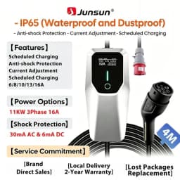 Junsun Type 2 Mode 2 Portable EV Charger 3.5kW 7.4kW 11kW 22kW 6A-32A Adjustable Current IP65 LCD Display Scheduled Charging EU Stock for Electric Cars
