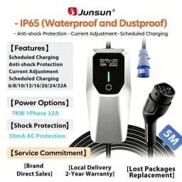 Junsun Type 2 Mode 2 Portable EV Charger 3.5kW 7.4kW 11kW 22kW 6A-32A Adjustable Current IP65 LCD Display Scheduled Charging EU Stock for Electric Cars