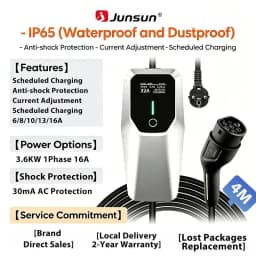 Junsun Type 2 Mode 2 Portable EV Charger 3.5kW 7.4kW 11kW 22kW 6A-32A Adjustable Current IP65 LCD Display Scheduled Charging EU Stock for Electric Cars