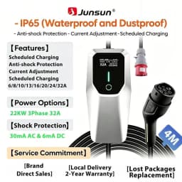 Junsun Type 2 Mode 2 Portable EV Charger 3.5kW 7.4kW 11kW 22kW 6A-32A Adjustable Current IP65 LCD Display Scheduled Charging EU Stock for Electric Cars