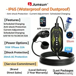 Junsun Type 2 App control Portable EV Charger 6 8 10 13 16 20 24 32A Current Adjustable IP65 Waterproof 3 6KW 7KW Compatible Scheduled Charging Function Touch Button Control Panel 2 Year Warranty for EU Plug Electric Car Hybrid