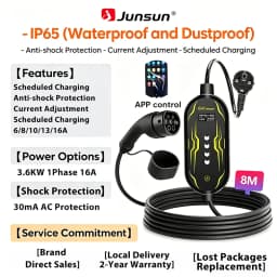 Junsun Type 2 App control Portable EV Charger 6 8 10 13 16 20 24 32A Current Adjustable IP65 Waterproof 3 6KW 7KW Compatible Scheduled Charging Function Touch Button Control Panel 2 Year Warranty for EU Plug Electric Car Hybrid